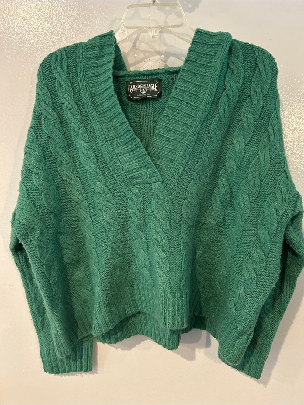 American Eagle Outfitters Green Cable Knit V-Neck Sweater